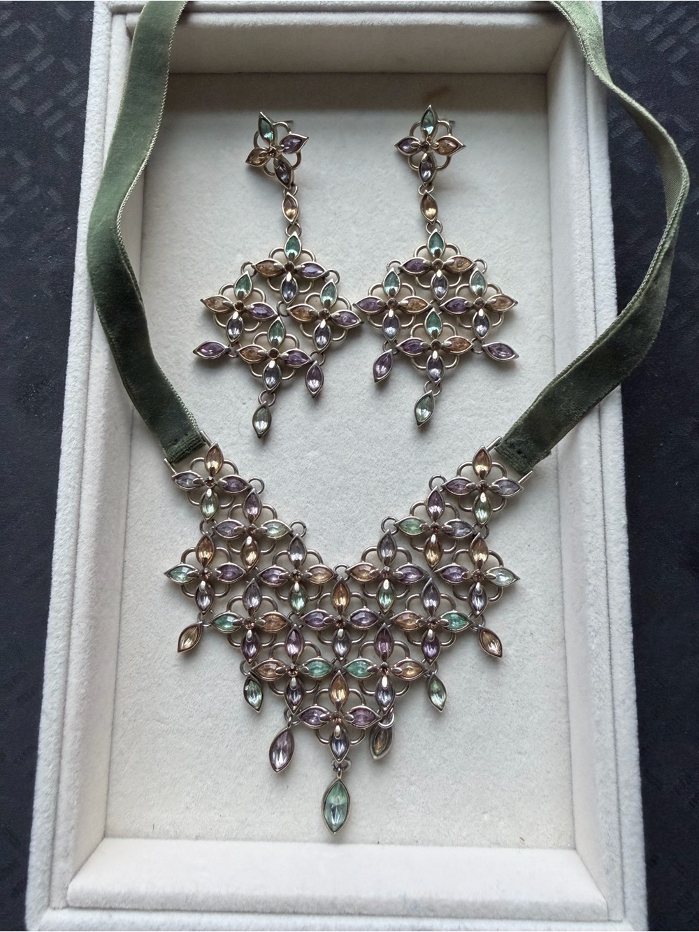 Vintage Multicolor Crystal Floral Necklace & Earring Set